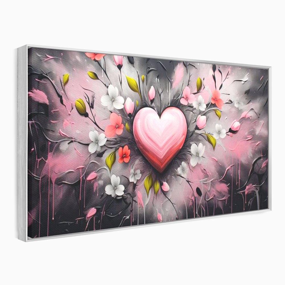 Tablou canvas cu tablou canvas cu inima roz si flori, in rama de aluminiu argintiu